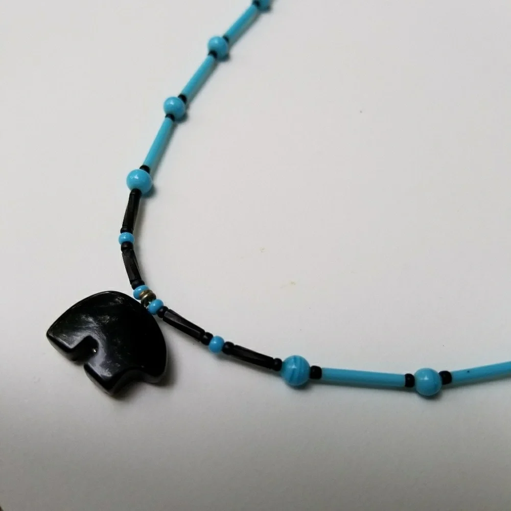 Vintage bear necklace blue glass beads southwestern boho black